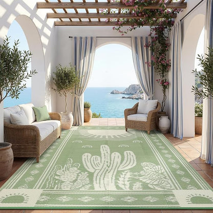 Garvee Waterproof Outdoor Rug 5x8, Cactus Botanical Outdoor Plastic Straw Rug for Camping, Reversible RV Mat Outside, Indoor Outdoor Carpet for Porch, Deck, Backyard, Balcony, Picnic, Sage Green