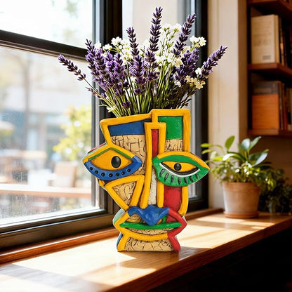 Abstract Face Planter Pot with Drainage Hole - 7.4 Inch Unique Picasso Head Flower Pot, Colorful Resin Art Decor for Indoor Plants, Cute Home & Garden Decor for Succulents