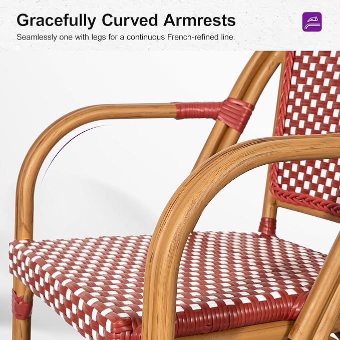 PURPLE LEAF French Bistro Chairs Set of 2 Patio Dining Chairs Hand-Woven Aluminum Wicker Rattan Armchairs for Kitchen Porch Garden Bamboo Print Finish Red White