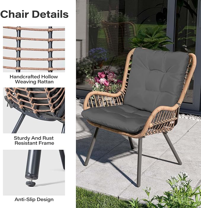 LAUSAINT HOME 3 Piece Outdoor Bistro Set, Small Patio Furniture Set with Coffee Table and Thick Cushions, Front Porch Furniture for Lawn, Garden, Balcony, Poolside, Black