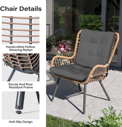 LAUSAINT HOME 3 Piece Outdoor Bistro Set, Small Patio Furniture Set with Coffee Table and Thick Cushions, Front Porch Furniture for Lawn, Garden, Balcony, Poolside, Black