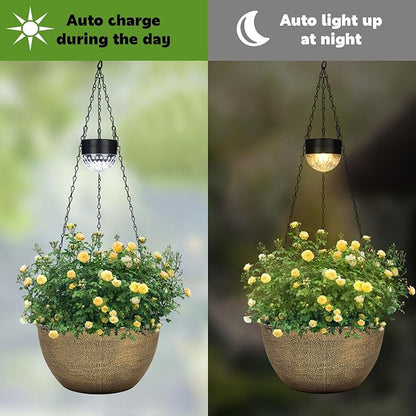 BAYN 2 Packs Solar Hanging Basket Planters for Plants Outdoor, Self Watering Copper Flower Plants Pots with Solar Light Drainer for Balcony Patio Garden Outdoor Decoration