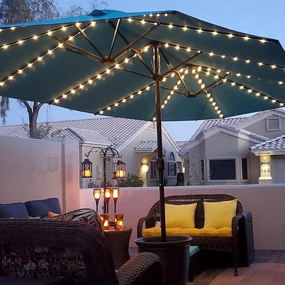 PURPLE LEAF 15ft Patio Market Umbrella with Solar LED and Base Double-Sided Rectangle Outdoor Table Sun Umbrellas with Crank for Pool Beach Deck Backyard Turquoise Blue