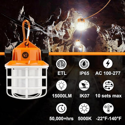 NS 100FT Construction String Lights 150W LED Industrial Grade 15000LM 5000K IP65 Linkable for Construction Sites, Temporary Work, Renovation, Jobsite,All Outdoor Lighting, with 10 Bulbs and Hook