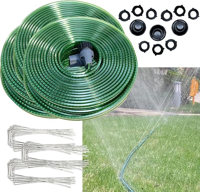 Secbulk 2026 Reinforced Sprinkler Hose & Soaker Hose for Yard - 150FT (50FT*3) Flat Garden Hose with Holes, Heavy Duty No-Kink Lawn Irrigation Hose (Includes Stakes, High Pressure Spray)