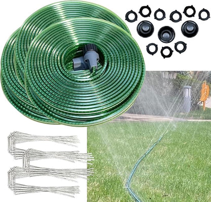 Secbulk 2026 Reinforced Sprinkler Hose & Soaker Hose for Yard - 150FT (50FT*3) Flat Garden Hose with Holes, Heavy Duty No-Kink Lawn Irrigation Hose (Includes Stakes, High Pressure Spray)