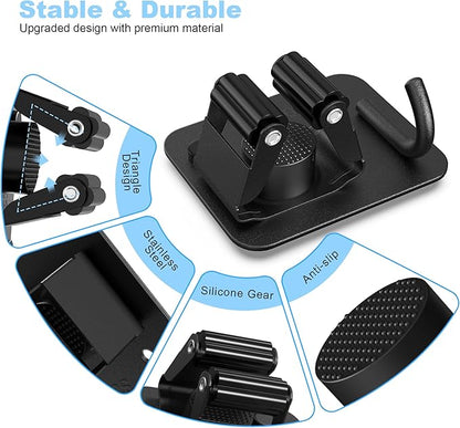 2 Pack Broom Holder Wall Mount, 304 Stainless Steel Mop Organizer with Hooks, No Drill Adhesive and Screw Installation, Rust Proof Storage Rack for Garage, Laundry, Garden, Black