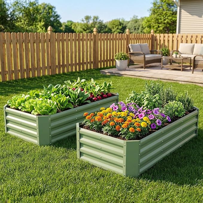 INNO STAGE 2 Pcs 4×2×1ft Galvanized Raised Garden Bed Kit, Galvanized Planter Raised Garden Boxes Outdoor, Large Metal Raised Garden Beds for Vegetables, Flowers, Herbs, OliveGreen