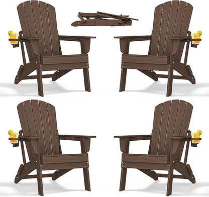 nevilywood Folding Adirondack Chair with Cup Holder Set of 4, HDPE Patio Chairs,All-Weather Outdoor Chairs for Backyard, Deck,Fire Pit-Coffee