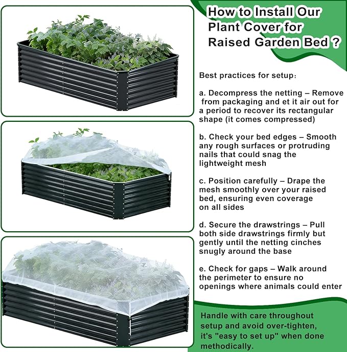 1 Pack Garden Netting for Raised Beds, Fine Mesh Bird Netting Barrier Screen with Zipper Drawstring Garden Bed Plant Cover for Protect Vegetable Fruits Crop from Animals Pest Insect, 4.3×2.3×2Ft