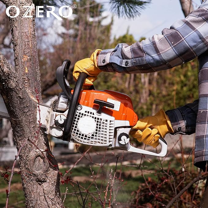 OZERO Leather Work Gloves for Men, Cowhide Gardening Gloves with Reinforced Palm, Flexible Keystone Thumb, Elastic Wrist