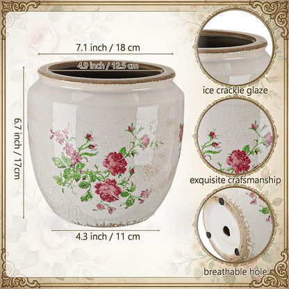 LemonRoad 7 Inch Large Vintage Ceramic Planter with Drainage Holes Ice Crackle Flower Vase Flower Pot with Vintage Rose Pattern for Indoor Outdoor Plants Garden Home Kitchen Office Shelf Decor