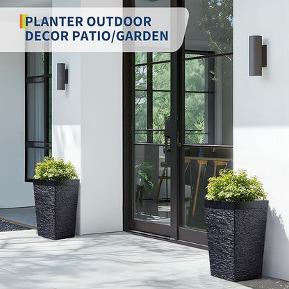 Garvee 16" Tall Planters Set of 2, Self Watering Tall Planters, Outdoor＆Indoor Planter Pots, High Front Porch Planters Pots with Drainage Holes＆Water Level Monitor, Black
