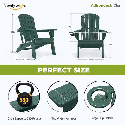nevilywood Folding Adirondack Chair with Cup Holder Set of 4, HDPE Patio Chairs,All-Weather Outdoor Chairs for Backyard, Deck,Fire Pit-Green