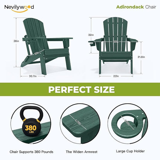 nevilywood Folding Adirondack Chair with Cup Holder Set of 4, HDPE Patio Chairs,All-Weather Outdoor Chairs for Backyard, Deck,Fire Pit-Green