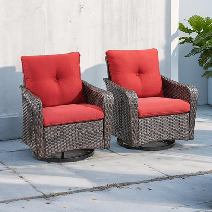 Rilyson Outdoor Patio Swivel Rocker Chairs - 4 PC Wicker Rattan Patio Rocking Glider Chair Set with High Back,Comfy Cushions and Deep Seating for Porch Deck Backyard Garden(Brown/Red)