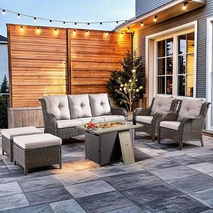 HUMMUH 6 Pieces Patio Furniture Set with Fire Pit Table High Back Outdoor Conversation Set Wicker Patio Couch Outdoor Chairs Ottomans for Balcony Garden,Lawn,Deck