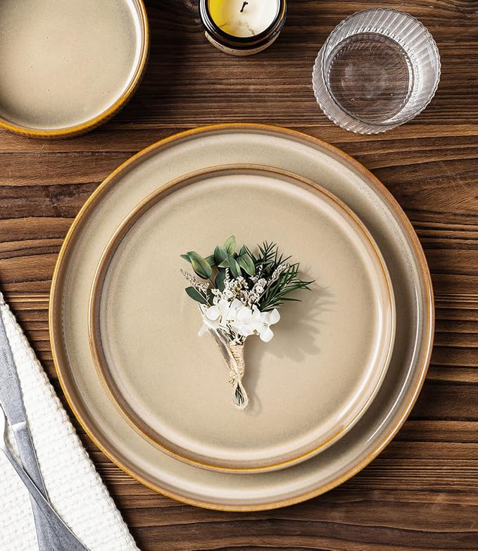 TheTerra Ceramic Dinnerware Sets for 8, 24 Pieces Porcelain Lightweight Plates and Bowls Sets, Scratch Resistant Dish Set, Oven & Microwave & Dishwasher Safe, Creamy Amber