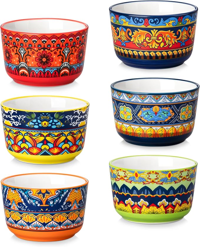 vancasso Ramekins 4 oz Oven Safe, Bohemian Style Creme Brulee Ramekin for Baking, Porcelain Souffle Dishes, Pudding Custard Cups Set of 6 Dipping Sauce Bowls Small Ramiken Bowls for Ice Cream