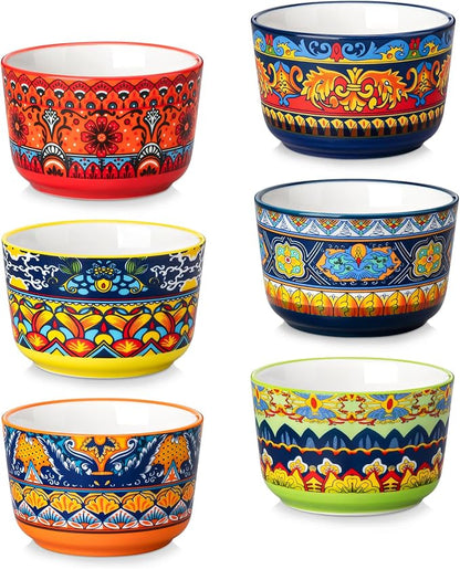 vancasso Ramekins 4 oz Oven Safe, Bohemian Style Creme Brulee Ramekin for Baking, Porcelain Souffle Dishes, Pudding Custard Cups Set of 6 Dipping Sauce Bowls Small Ramiken Bowls for Ice Cream