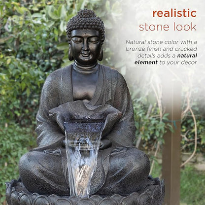 Alpine Corporation WIN1170 53" Outdoor Floor Calming Buddha Statue Waterfall Fountain – Realistic Stone Look, Water Feature for Garden, Patio, Yard, and Outdoor Spaces, Gray
