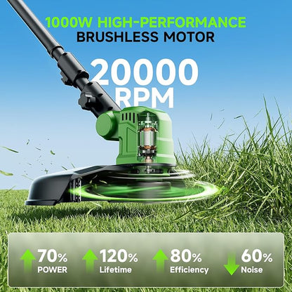 14'' Electric Weed Wacker Cordless, 20000RPM Wheeled String Trimmer Weed Eater Battery Powered, 3 in 1 Lightweight Cordless Edger Grass Trimmer Weed Trimmer with 8 Replacement Spools for Garden, Lawn