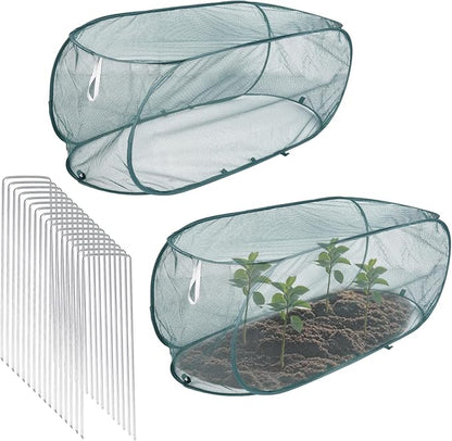 Lyreh 2pcs Pop Up Mesh Plant Cover, 39x18x16in Outdoor Pop Up Garden Netting Plant Cover with 16 Ground Stakes Suitable for Protecting Vegetables Fruits Flowers Seedlings