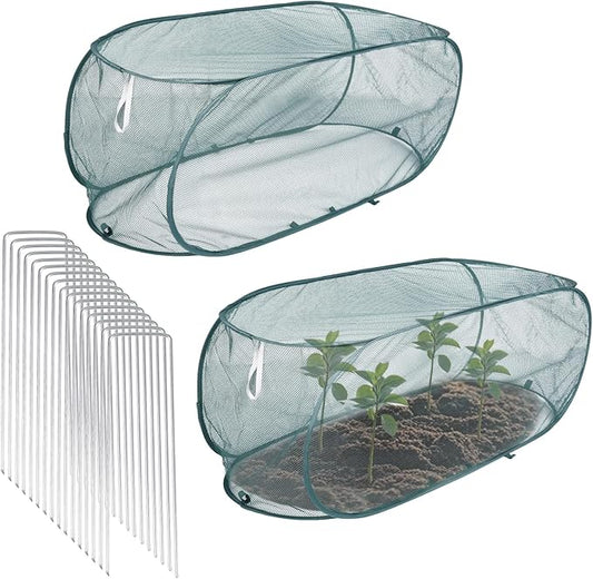 Lyreh 2pcs Pop Up Mesh Plant Cover, 39x18x16in Outdoor Pop Up Garden Netting Plant Cover with 16 Ground Stakes Suitable for Protecting Vegetables Fruits Flowers Seedlings