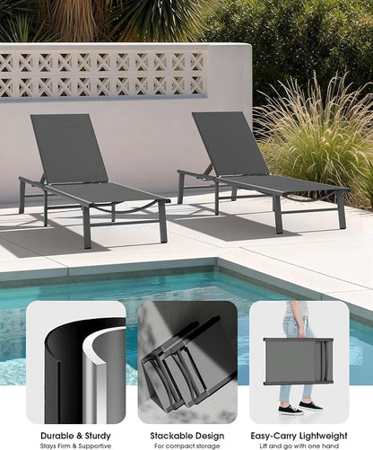 Ciokea Foldable Outdoor Lounge Chair, No Assembly Patio Chaise Lounge Outdoor with 5-Positions, Aluminum Pool Lounge Chair with Portable Design for Pool, Beach, Deck, Backyard, Grey