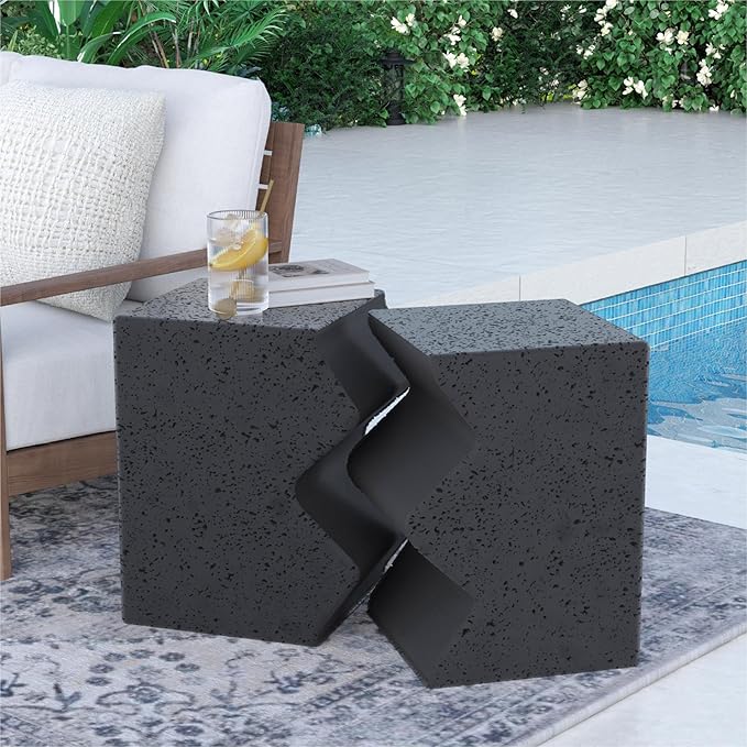 SUNBURY Concrete Side Table Set of 2, Outdoor Side Table Combine for Patio, Outdoor Accent Table Patio End Table in Spotted, Ceramic Garden Stool for Sunroom, Rectangular, Dark Grey