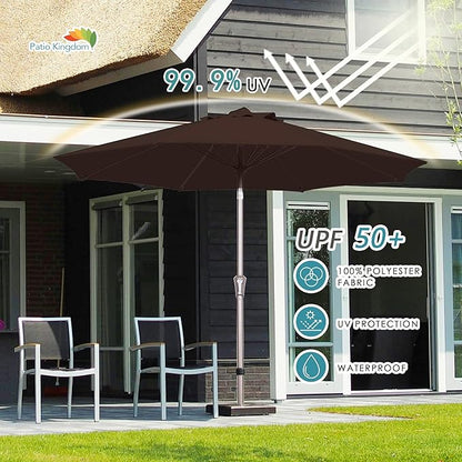 PatioKingdom 9FT Patio Outdoor Umbrella-UPF 50+ Sun Shade with Wind Vent, Push-Button Tilt & Smooth Crank Lift, Rust-Resistant Fiberglass Frame for Garden, Backyard,Yard (Brown, 9FT)