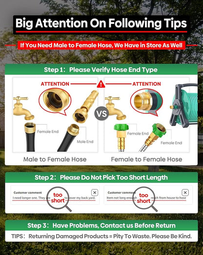 Short Metal Garden Hose 2 ft with Female to Female Connector， Stainless Steel Small Leader Hose for Hose Reel, Long, Flexible, Lightweight & Heavy Duty Water Pipe, Outdoor Water Hose Extension Adapter