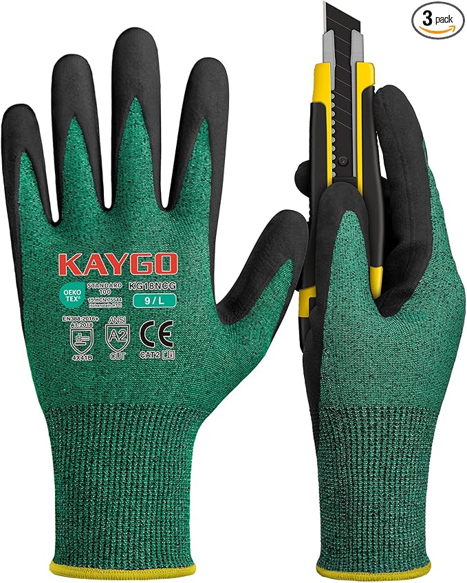 KAYGO Safety Work Gloves MicroFoam Nitrile Coated, 3 Pairs KG18N, Cut Resistant Glove with Abrasion and Oil Resistant Grip, ANSI Cut Level A2, L, Green