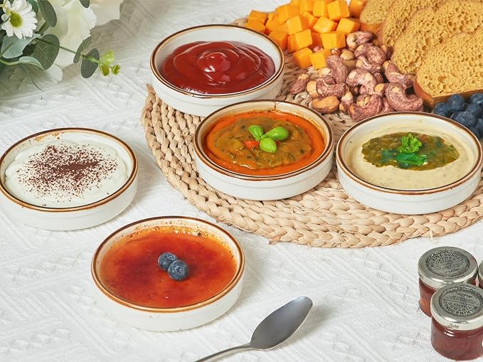 ONEMORE Ramekin Set of 14, Creme Brulee Ramekins Oven Safe 4 oz Ceramic Shallow Souffle Dishes for Baking Exquisite Desserts, Small Dipping Sauce Ramekins Round Mini Tart & Quiche Pans - Creamy White