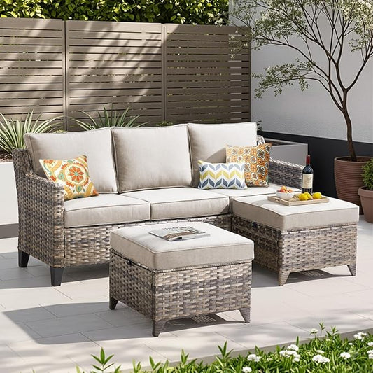 Buenhomino 3 Pieces Patio Furniture Sofa Set-Outdoor Wicker Patio Furniture Covered Couch with Multifunctional Ottoman and All-Weather Patio Conversation Set for Backyard Porch Garden Grey/Beige