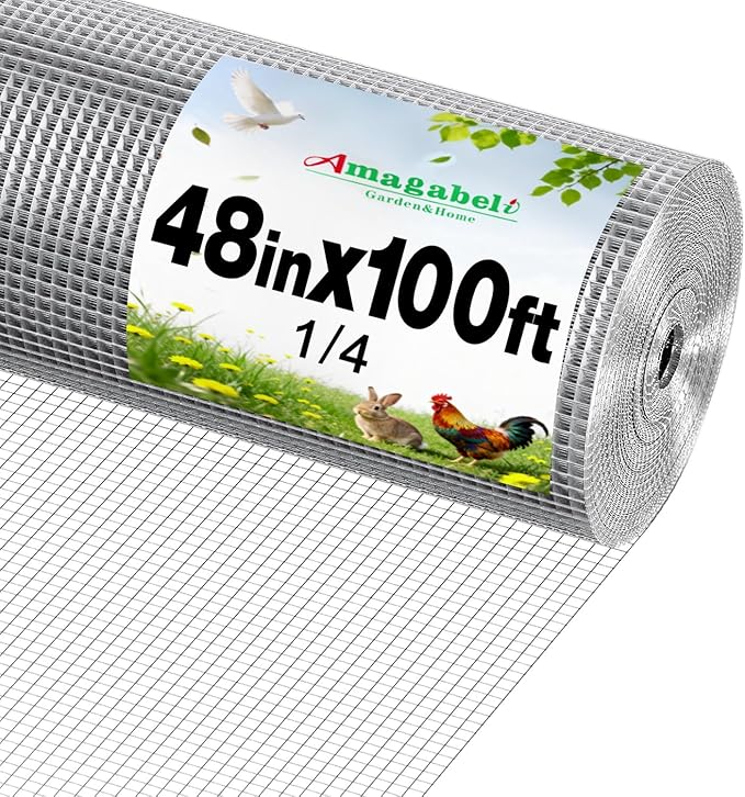 Amagabeli Galvanized Hardware Cloth 1/4 Inch 48in x 100ft 23gauge Chicken Wire Fence Weld Wire Mesh Roll Garden Fencing Plant Supports Poultry Netting Snake Fence Gopher Wire Rabbit cage Tree Guard