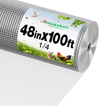 Amagabeli Galvanized Hardware Cloth 1/4 Inch 48in x 100ft 23gauge Chicken Wire Fence Weld Wire Mesh Roll Garden Fencing Plant Supports Poultry Netting Snake Fence Gopher Wire Rabbit cage Tree Guard