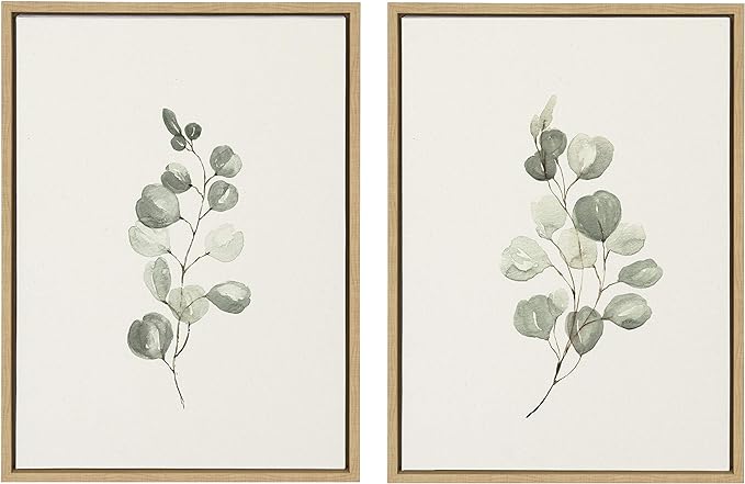 Kate and Laurel Sylvie Eucalyptus Framed Linen Textured Canvas Wall Art Set by Maja Mitrovic of Makes My Day Happy, 18x24 Natural, Sophisticated Botanical Art for Wall