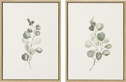 Kate and Laurel Sylvie Eucalyptus Framed Linen Textured Canvas Wall Art Set by Maja Mitrovic of Makes My Day Happy, 18x24 Natural, Sophisticated Botanical Art for Wall