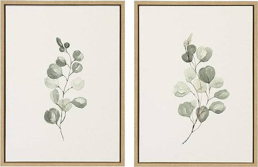 Kate and Laurel Sylvie Eucalyptus Framed Linen Textured Canvas Wall Art Set by Maja Mitrovic of Makes My Day Happy, 18x24 Natural, Sophisticated Botanical Art for Wall