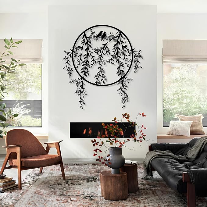 Birds on Branch Metal Wall Decor, Metal Tree Leaf Wall Art, Olive Branch Artwork, Birds Wall Decor, Olive Wall Art, Bird Decorations for The Home, Farmhouse, Living Room (White, 35"x34" | 90x86cm)