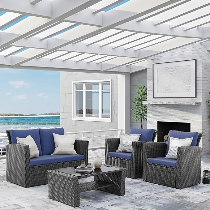 Wisteria Lane 4 Piece Patio Furniture Set, Wicker Outdoor Patio Conversation Furniture Set, All Weather Outdoor Patio Sofa with Cushion and Glass Table, Blue
