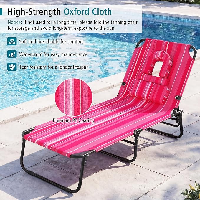 GYMAX Tanning Chair, 330lbs Beach Lounge Chair with Face Hole, Detachable Washable Pillow & Carry Strap, Adjustable Folding Lounger, Layout Chair for Outside, Patio, Poolside, Lawn (2, Hot Pink)