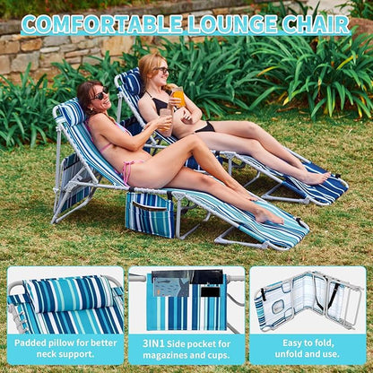 #WEJOY 3 in 1 Tanning Chair with Face Hole & Canopy, 300 lbs Heavy Duty 5 Positions Folding Face Down Lounge Chairs Outdoor with Pillow & Storage Bag Portable for Pool Beach Lawn Camping (Bluestrips)