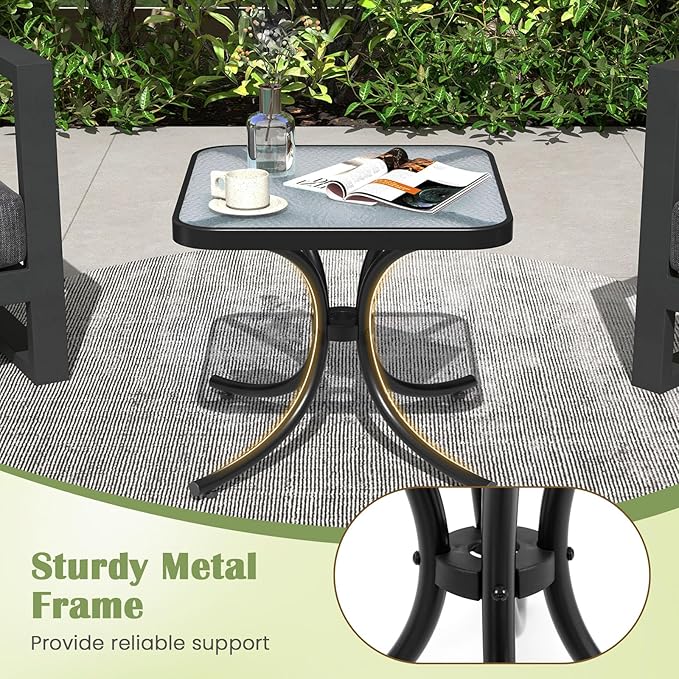 Giantex Small Outdoor Side Table with Tempered Glass Top Set of 2, Heavy-Duty Metal Frame, 110 Lbs Capacity, Square Patio Table for Balcony, Porch, Backyard, Deck, Black
