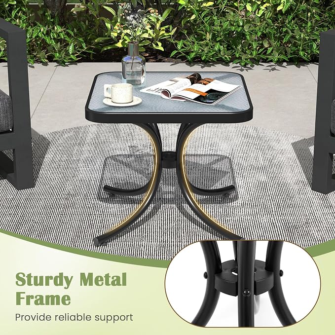 Giantex Small Outdoor Side Table with Tempered Glass Top, Heavy-Duty Metal Frame, 110 Lbs Capacity, Square Patio Table for Balcony, Porch, Backyard, Deck, Black