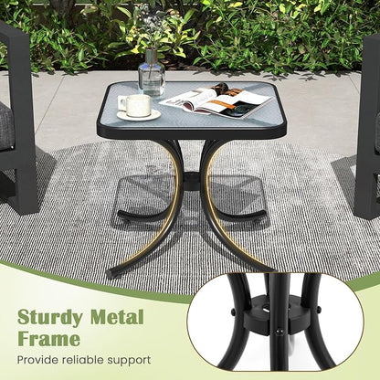 Giantex Small Outdoor Side Table with Tempered Glass Top, Heavy-Duty Metal Frame, 110 Lbs Capacity, Square Patio Table for Balcony, Porch, Backyard, Deck, Black