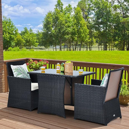 HAPPYGRILL 3-Pieces Outdoor Wicker Bistro Set PE Rattan Dining Table Set with Cushioned Chairs, Patio Conversation Set for Backyard Porch Garden and Poolside