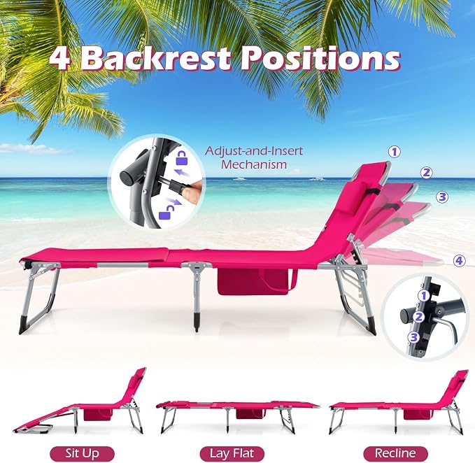 GYMAX Tanning Chair, 330LBS Beach Lounge with Face Arm Hole & Hand Shoulder Strap, Folding Layout Sunbathing Chair, Face Down Outdoor Chaise Lounger for Patio, Poolside, Lawn, Backyard (1, Pink)