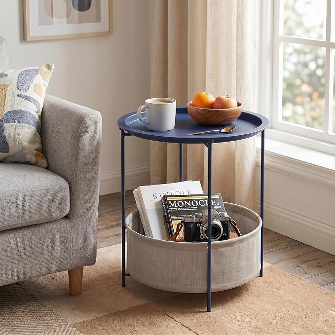 VECELO Round Side/End Table with Fabric Storage Basket，Metal Anti-Rust and Waterproof Small Bedside Nightstand with Removable Tray Top for Living Room，Balcony & Laundry，Blue /2pcs with Basket